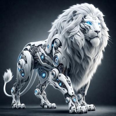 The primary subject of the image is a lion, which is the main object, scene, or focus of the image. The lion is standing on a black surface, which serves as the setting or background. The visual style of the image is digital art, as it is a computer-generated or digitally rendered image. The lion is depicted with a mix of white and blue colors, giving it a futuristic and robotic appearance. The overall atmosphere of the image is one of futuristic and technological innovation.